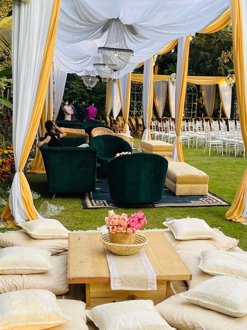 Event Lounge Decor Drapes Chandelier at Bulbul Event Spaces